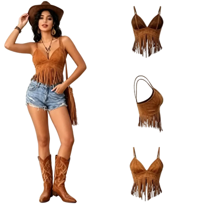 A woman models a brown suede fringe halter top and matching brown cowboy boots, with three smaller product views of the halter top on the right against a white background.