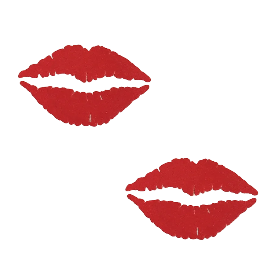 Two round beige placemats featuring a bold red lip print design, arranged diagonally on a solid white background.