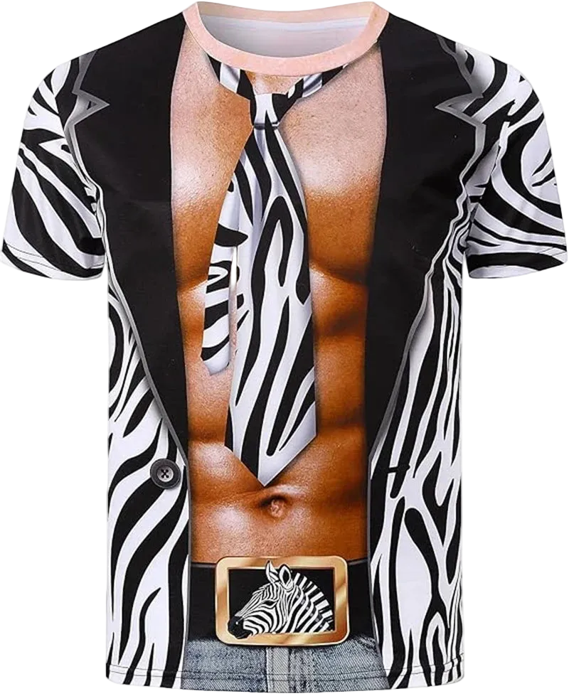 A short-sleeve crewneck t-shirt with a graphic print of a zebra-striped blazer and tie opening to reveal a printed male torso, styled with a zebra-print belt and jeans on a white background.