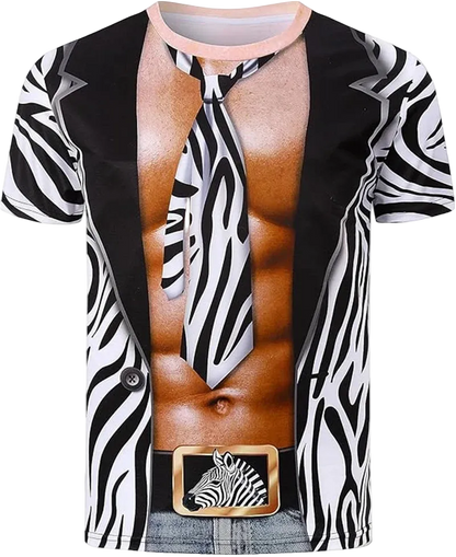 A short-sleeve crewneck t-shirt with a graphic print of a zebra-striped blazer and tie opening to reveal a printed male torso, styled with a zebra-print belt and jeans on a white background.