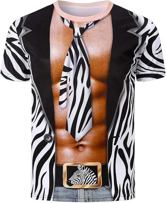 A short-sleeve crewneck t-shirt with a graphic print of a zebra-striped blazer and tie opening to reveal a printed male torso, styled with a zebra-print belt and jeans on a white background.