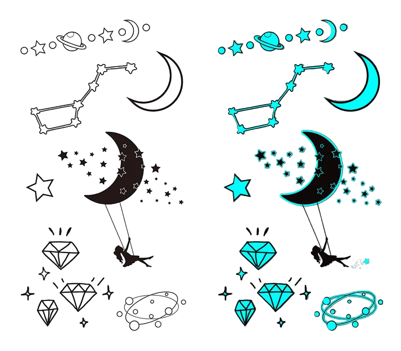 Black and turquoise temporary tattoos with celestial designs on a white and gray background.