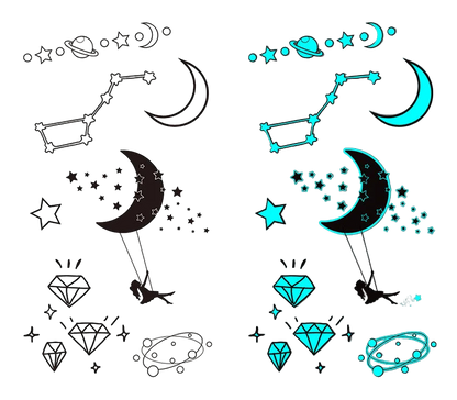 Black and turquoise temporary tattoos with celestial designs on a white and gray background.