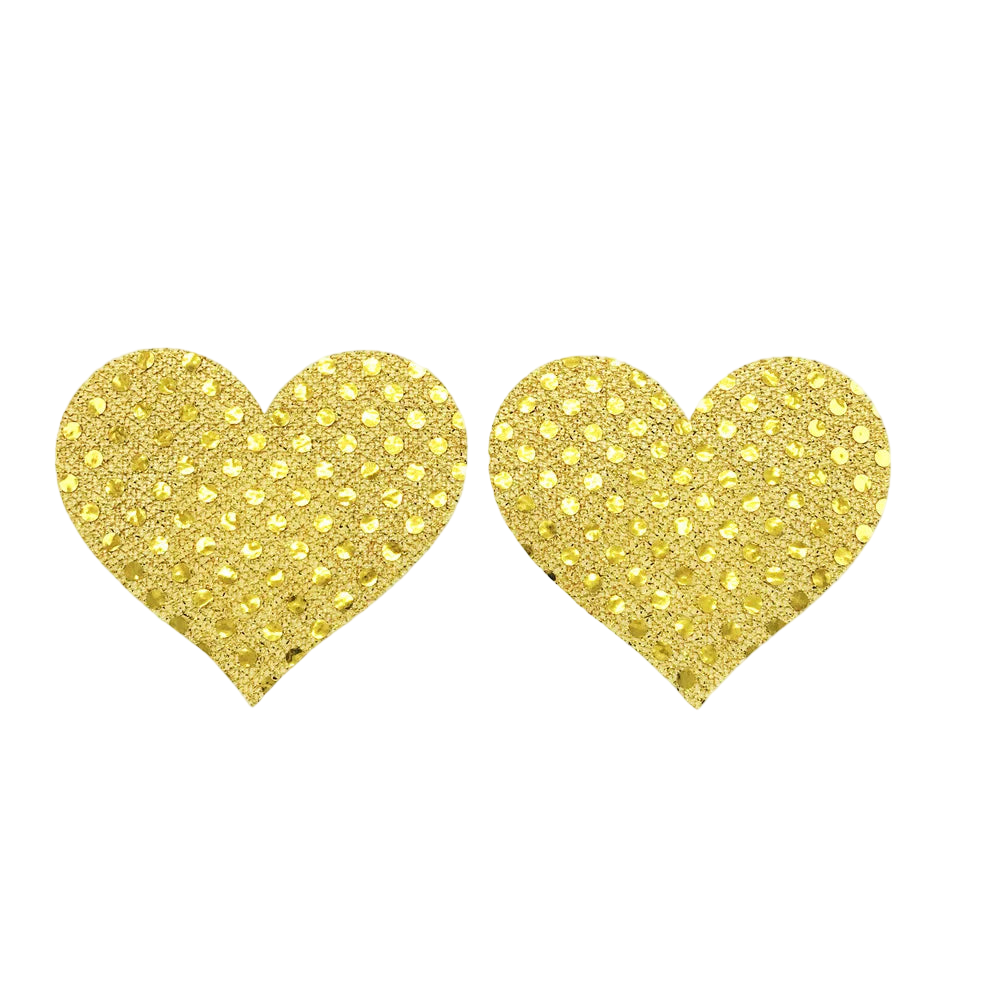 Gold heart-shaped earrings on a white background