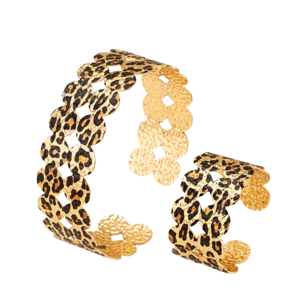 Seductive leopard print hollow collar necklace and bracelet set featuring artistic circular design and metallic finish, perfect for intimate evening wear