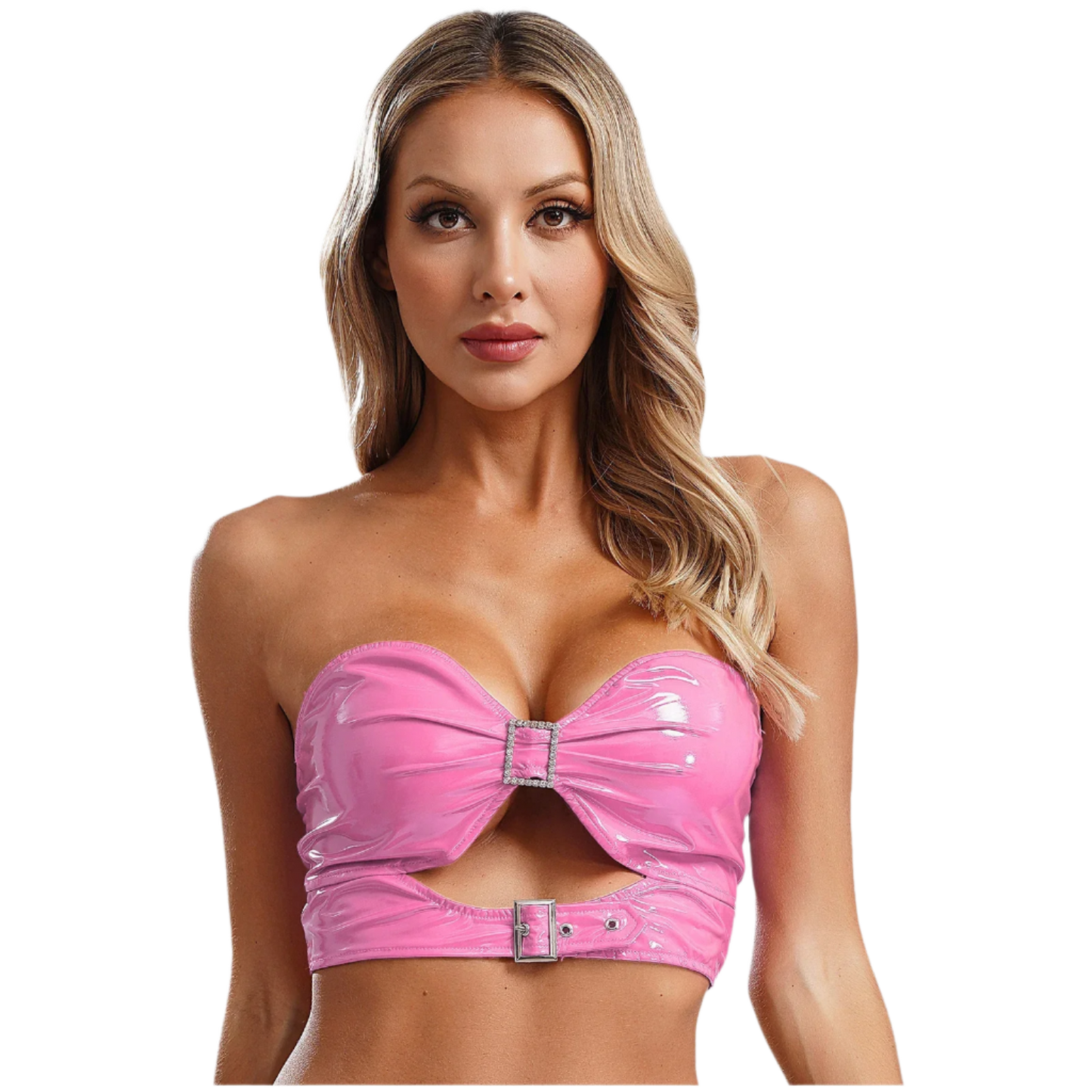 Patent Leather Crop Bra Top | Pink Hollow Out Style