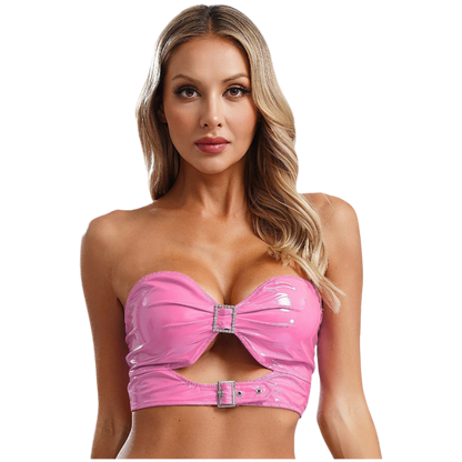 Patent Leather Crop Bra Top | Pink Hollow Out Style