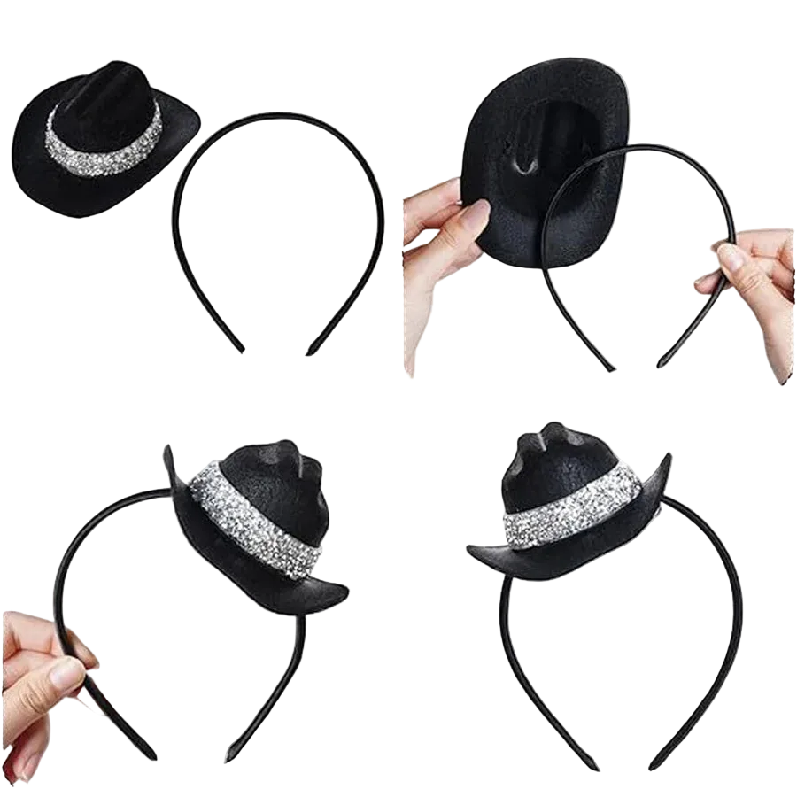 A black cowboy hat headband shown in a four-panel collage, including views of the hat alone, the headband alone, and hands holding the assembled headband to demonstrate wear and fit.