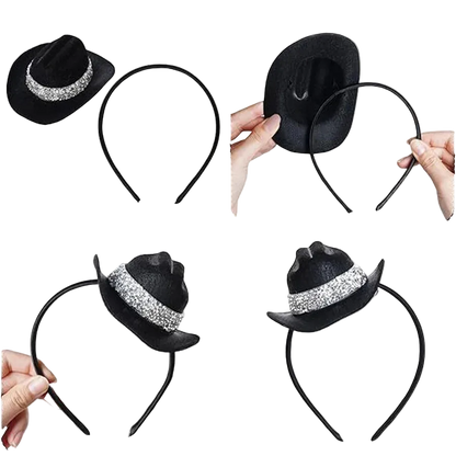 A black cowboy hat headband shown in a four-panel collage, including views of the hat alone, the headband alone, and hands holding the assembled headband to demonstrate wear and fit.