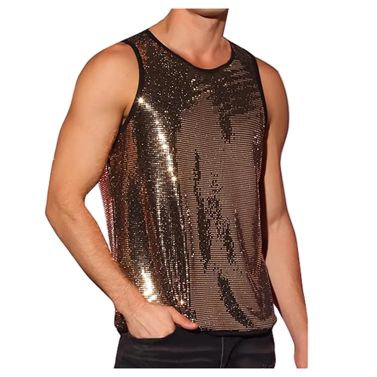 A man wearing a sleeveless sequin tank top with a metallic bronze and black shimmer, shown against a plain white background.