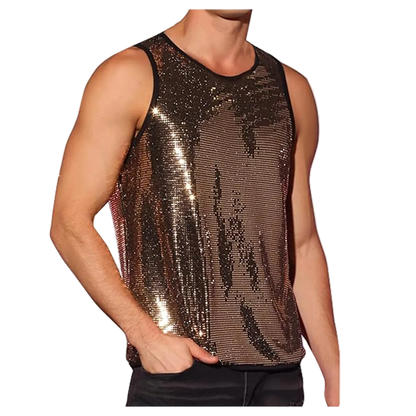 A man wearing a sleeveless sequin tank top with a metallic bronze and black shimmer, shown against a plain white background.