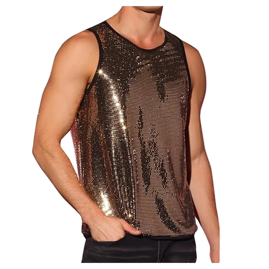 A man wearing a sleeveless sequin tank top with a metallic bronze and black shimmer, shown against a plain white background.