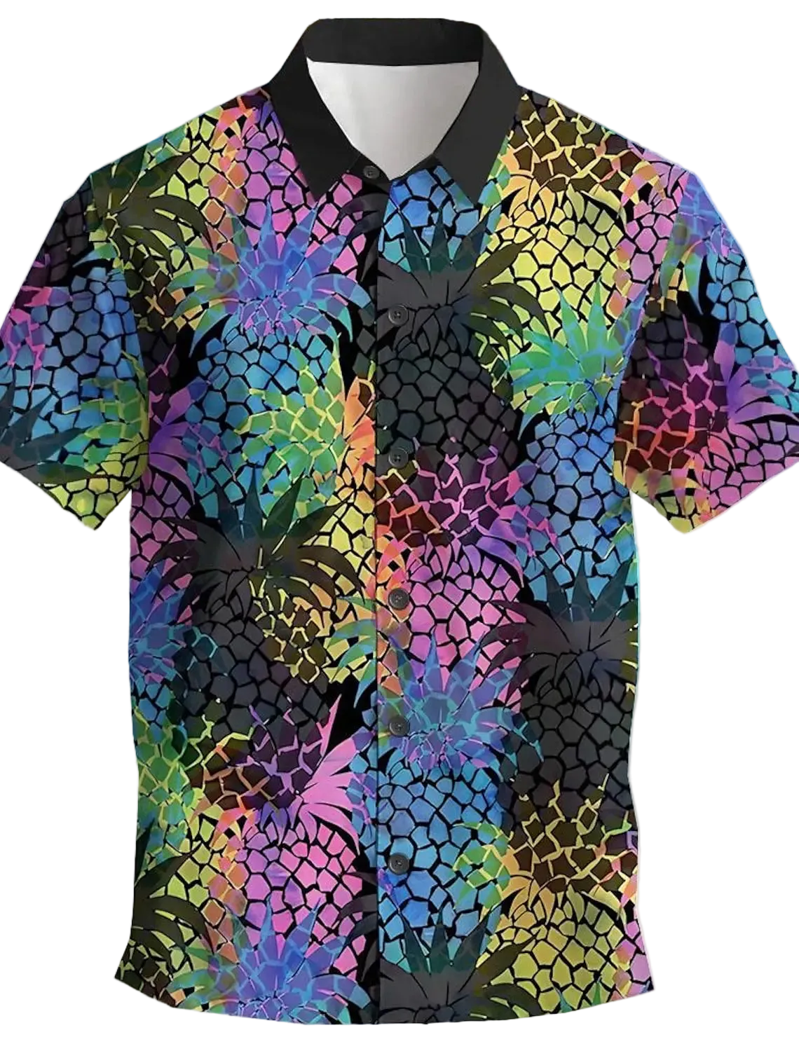 Colorful pineapple patterned shirt on a mannequin with a beach and palm tree background
