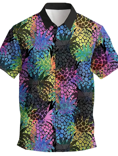 Colorful pineapple patterned shirt on a mannequin with a beach and palm tree background