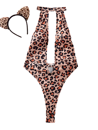 Sexy Leopard Print Halter Bodysuit with flattering neckline for resort theme nights