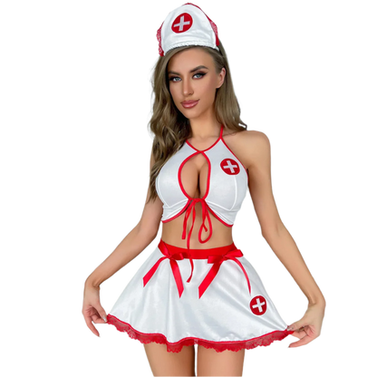 Milk Silk Deep V Nurse Uniform - Alluring Hollow Bow Design