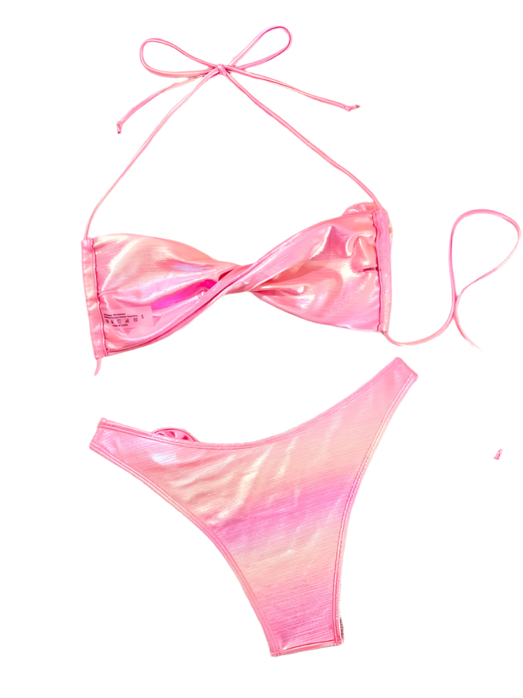 A shiny pink bikini with a wrap-style top and high-waisted bottoms. It includes decorative flower accents on the top and bottom, adding a playful touch.