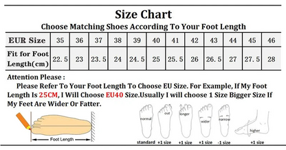 A product information graphic for a tall camouflage knee-high boot with red-orange pattern details. The image includes a product photo with measurement callouts, a size chart table mapping foot lengths to EU sizes, and foot shape reference diagrams.