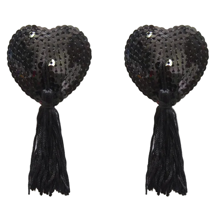 Pair of black sequin pasties with tassels on a white background