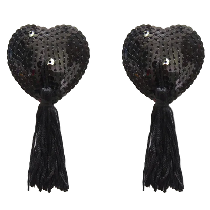 Pair of black sequin pasties with tassels on a white background