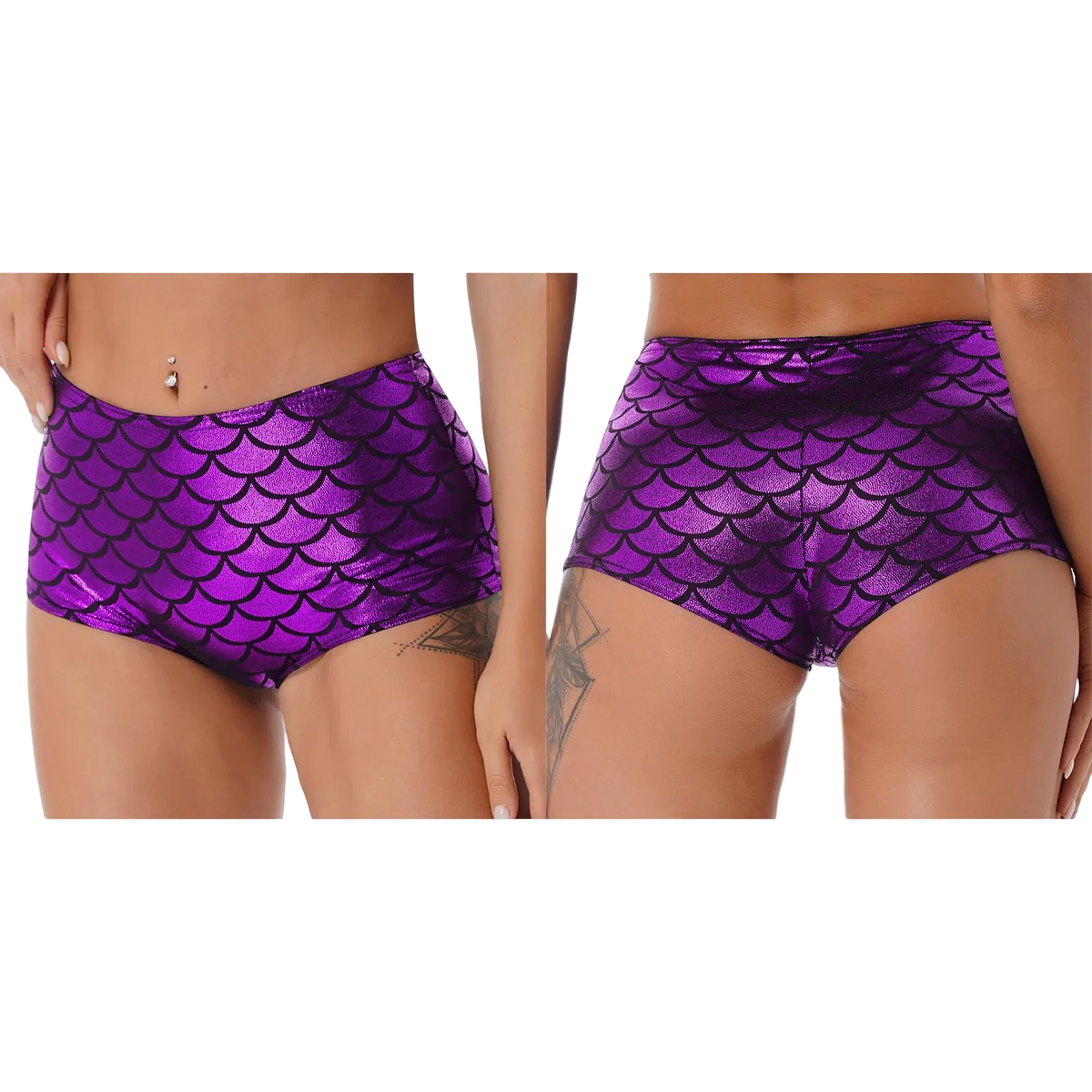 Two views of a model wearing shiny purple mermaid-scale bikini bottoms against a plain white background.