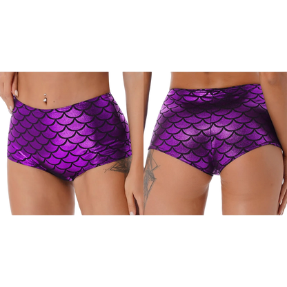 Two views of a model wearing shiny purple mermaid-scale bikini bottoms against a plain white background.