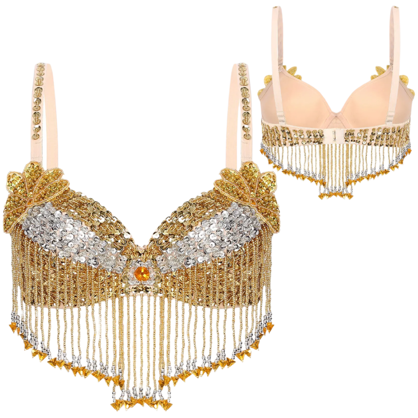 Women's Shiny Sequin Beaded Belly Dance Bra Tops with Tassels