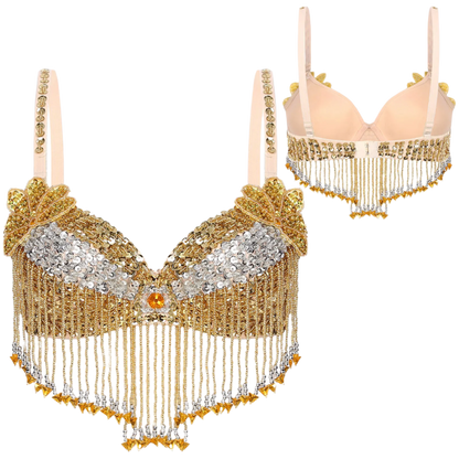 Women's Shiny Sequin Beaded Belly Dance Bra Tops with Tassels