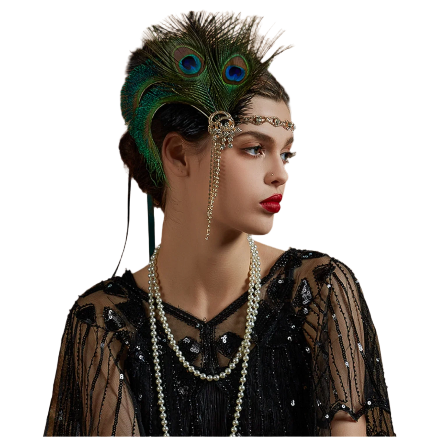 Luxurious peacock feather headband with rhinestones and tassels for exotic Gatsby resort theme nights

