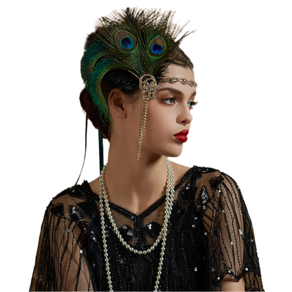 Luxurious peacock feather headband with rhinestones and tassels for exotic Gatsby resort theme nights

