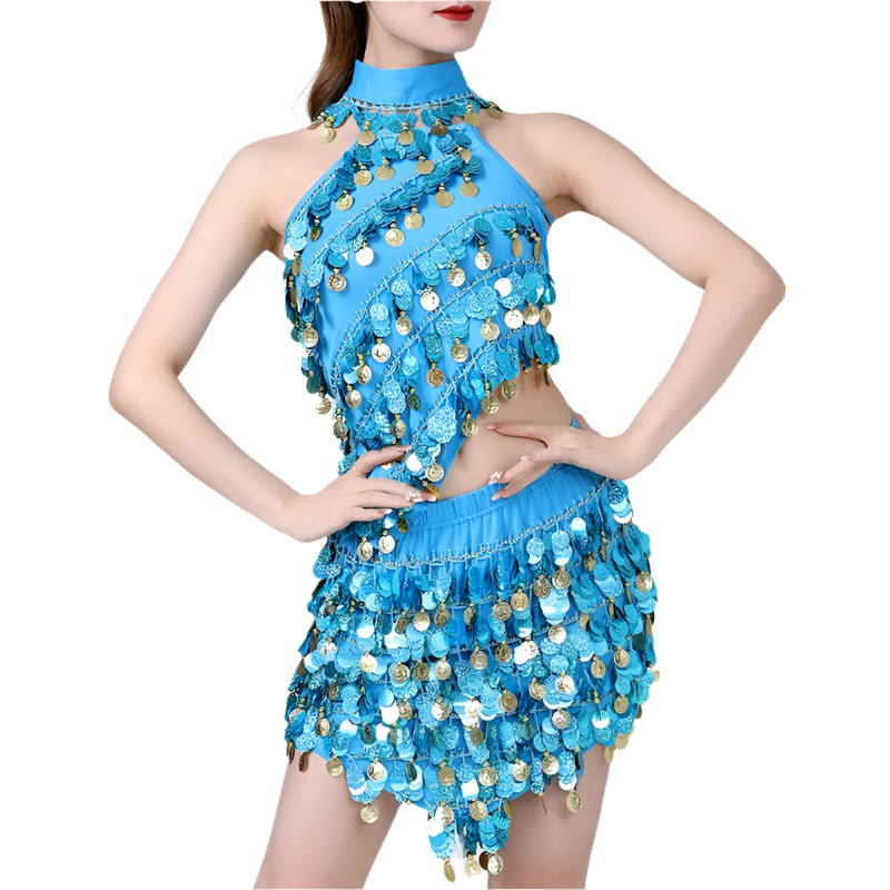  sequin coin tassel Latin dance set with fringe top and skirt for professional resort performances