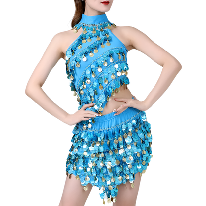  sequin coin tassel Latin dance set with fringe top and skirt for professional resort performances
