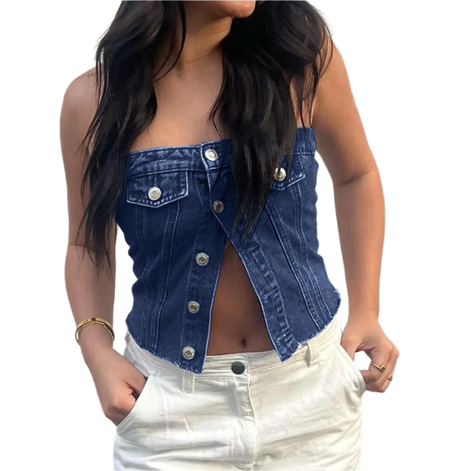 denim bra vest top with tight-fitting halter design for casual resort wear in large sizes