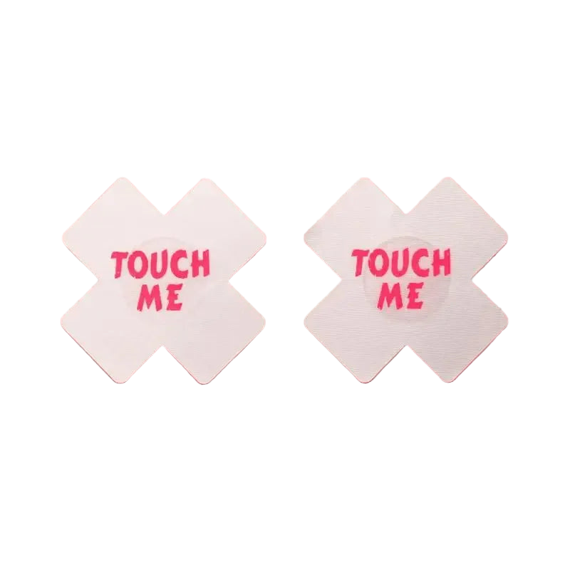 Two white diamond-shaped signs with 'TOUCH ME' text on a pink background