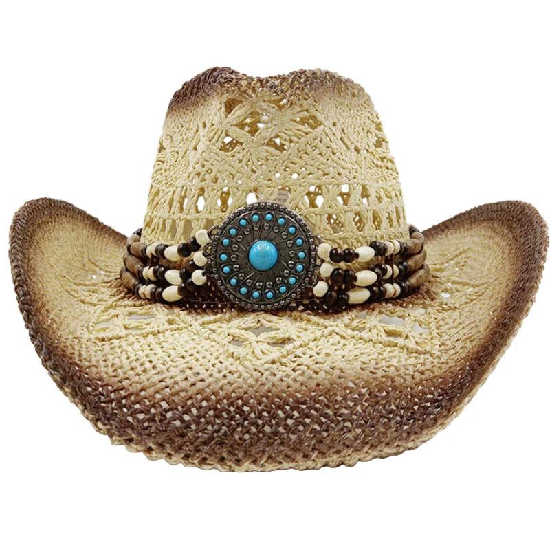 Cowboy hat with decorative band featuring a turquoise stone on a white background