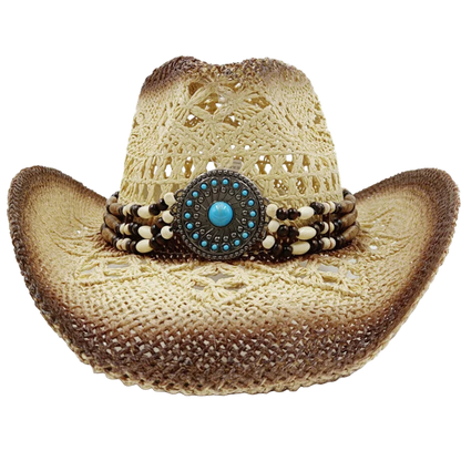 Cowboy hat with decorative band featuring a turquoise stone on a white background