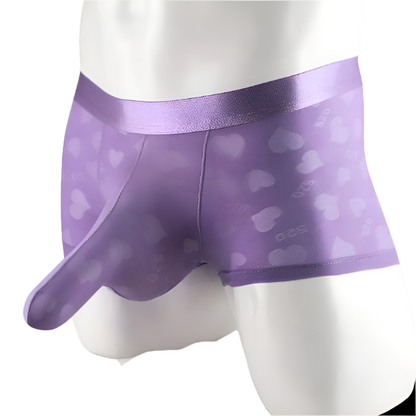 Purple satin heart-patterned underwear on a mannequin against a white background
