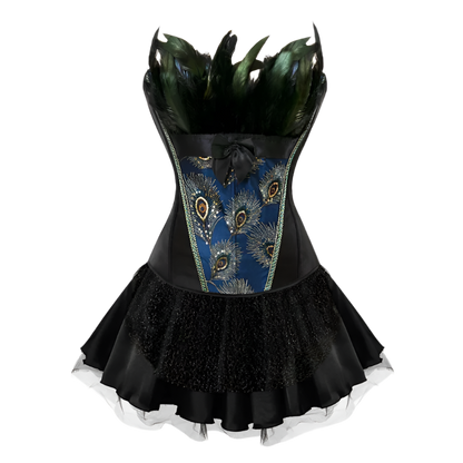 Peacock Embroidery Princess Costumes Burlesque Overbust Corsets Dresses with Skirt Feather Plus Size