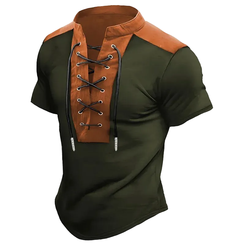Green and brown short-sleeve shirt with lace-up front on a white background