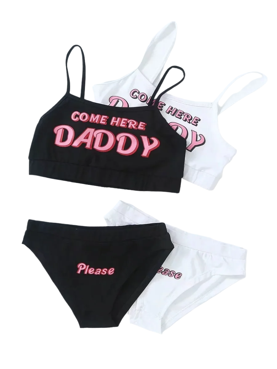 Loungewear Set: A black and white loungewear set with crop tops and matching bottoms. The tops have the text "COME HERE DADDY," and the bottoms say "Please," creating a playful and cheeky look.

