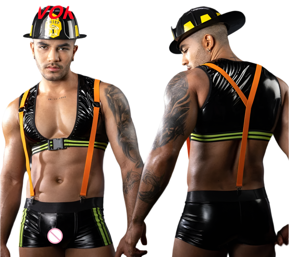 Men's Firefighter Sexy Lingerie - Faux Leather Fantasy Costume