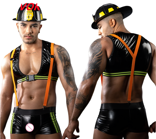 Men's Firefighter Sexy Lingerie - Faux Leather Fantasy Costume