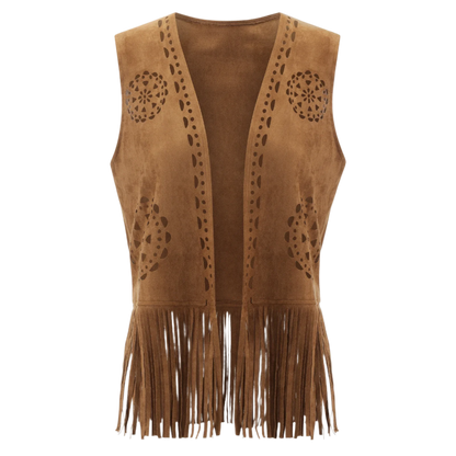 fringe faux suede vest with tassel details for western streetwear and resort fashion
