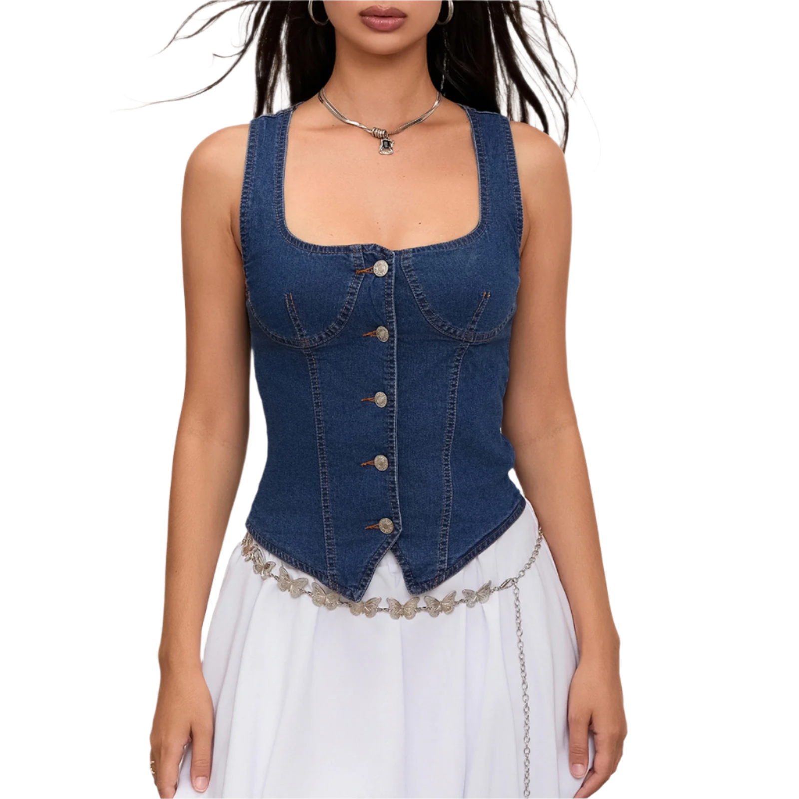 Denim Corset Top: A fitted denim corset top with a scoop neckline and button-down front. The top has structured seams for a flattering silhouette.