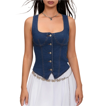 Denim Corset Top: A fitted denim corset top with a scoop neckline and button-down front. The top has structured seams for a flattering silhouette.