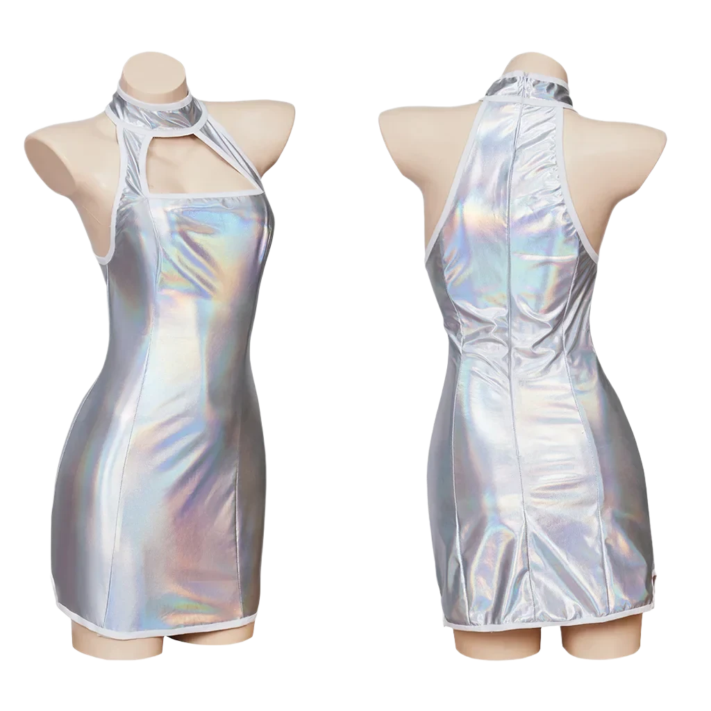 A silver holographic mini dress with a halter neckline. It features a sleek, reflective finish that catches the light, creating a futuristic look.