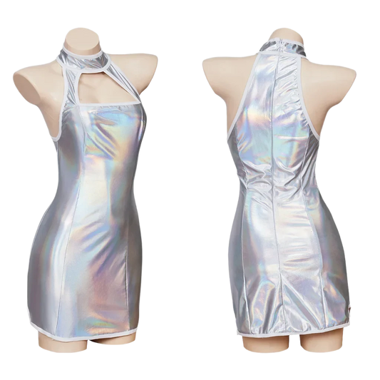 A silver holographic mini dress with a halter neckline. It features a sleek, reflective finish that catches the light, creating a futuristic look.