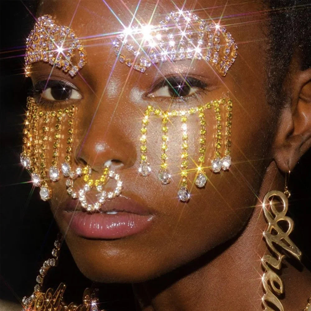 Rhinestone Long Tassel Eye Face Chain Jewelry Masquerade Cover for Women Ladies Party Bling Face Accessories Jewelry Gift