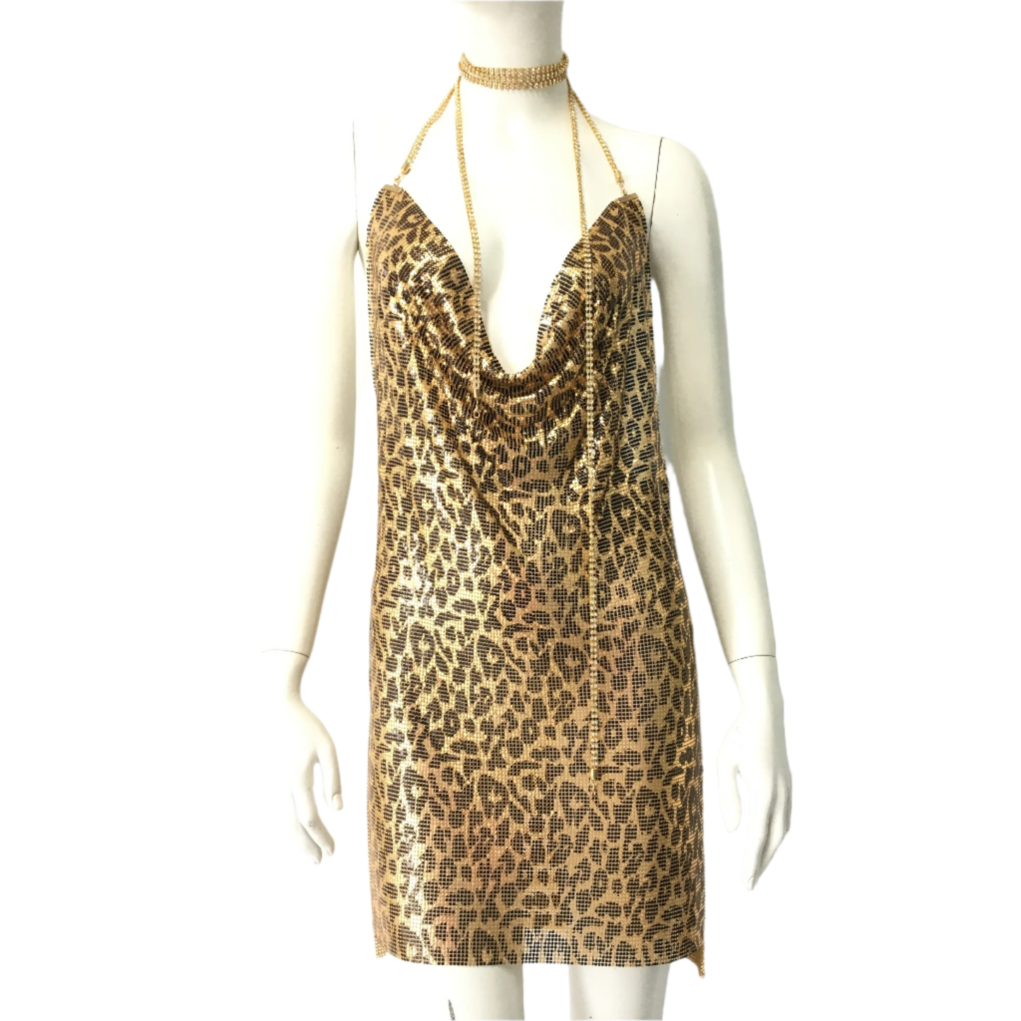 Seductive leopard print mini dress with metallic sequins featuring deep V neck and backless halter design for nightclub and party wear

