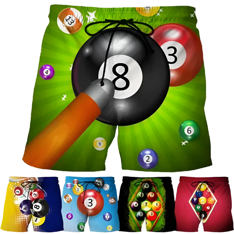 Billiard Shorts: A collection of colorful shorts with billiard ball graphics. Each pair features vibrant designs with different pool ball themes, adding a fun and sporty touch.